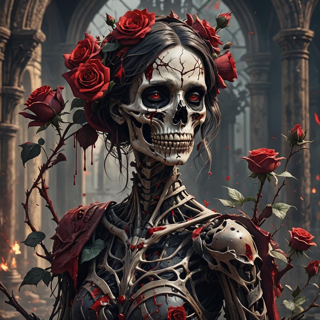 Half Human Skeleton Girl with Bloody Rose