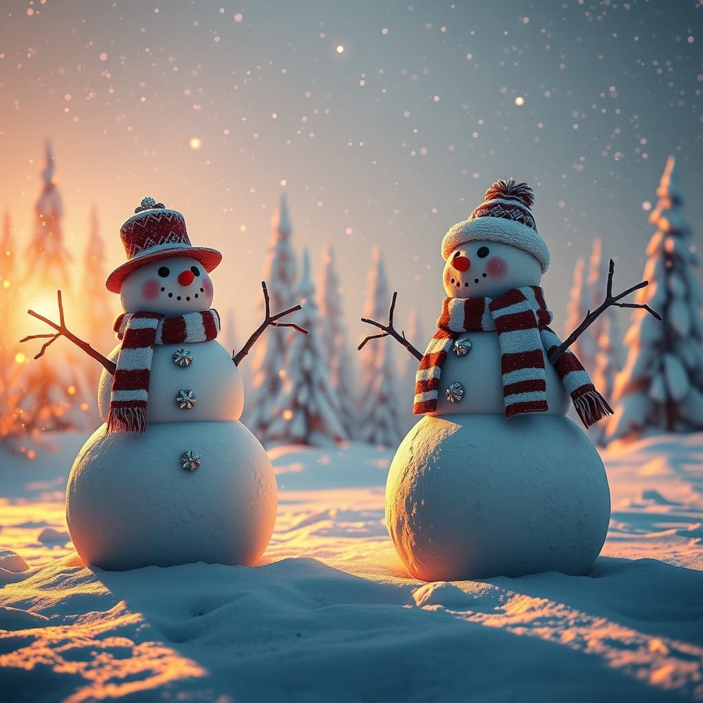 Majestic Winter Snowmen in Golden HDR Lighting