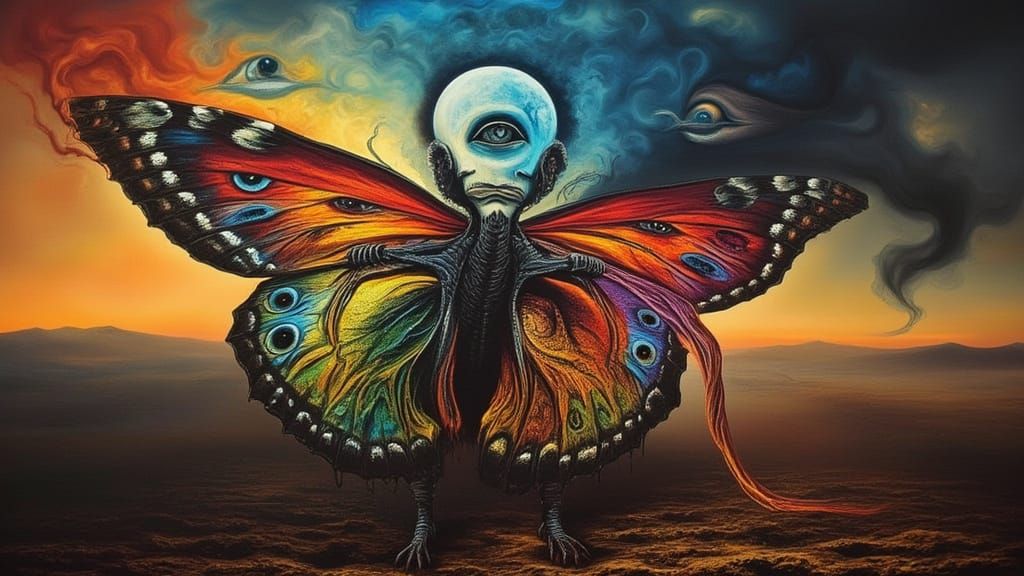 Surreal Xenomorph Butterfly-Man in Billowing Smoke