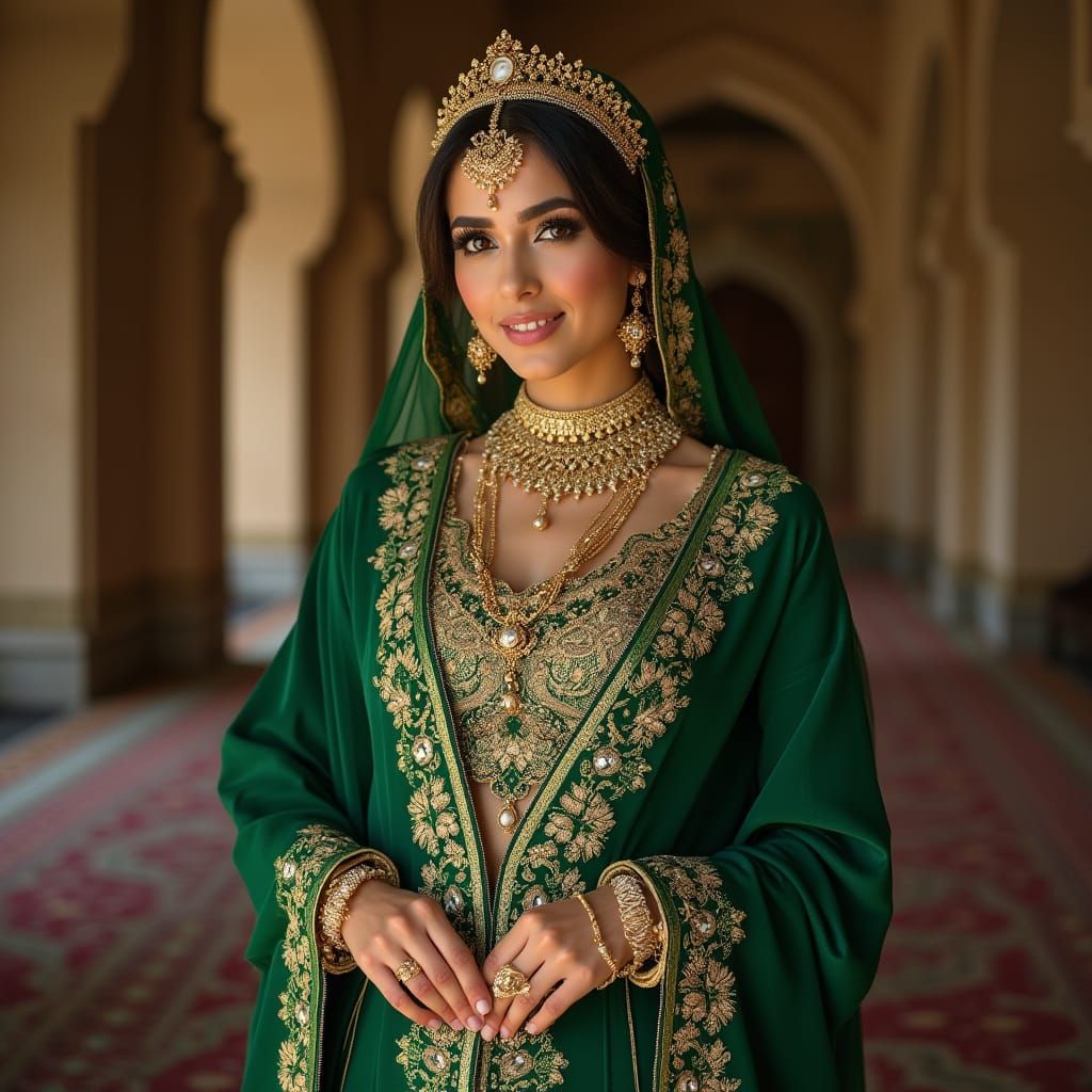 Elegant Qatari Bride in Luxurious Green and Gold Thawb