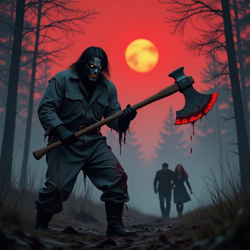 Menacing Figure with Axe in Dark Forest: 80s Horror