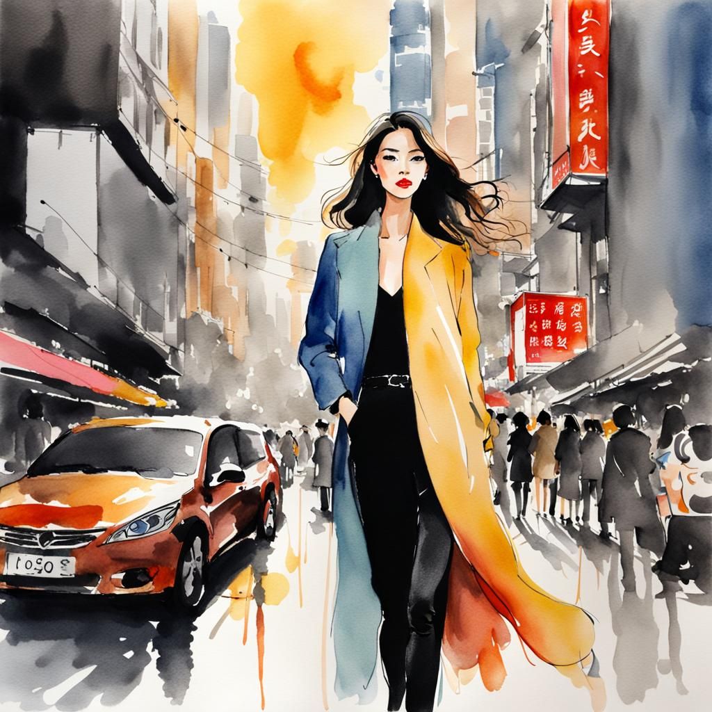 Korean Model in Hong Kong: One-Line Watercolor Sketch
