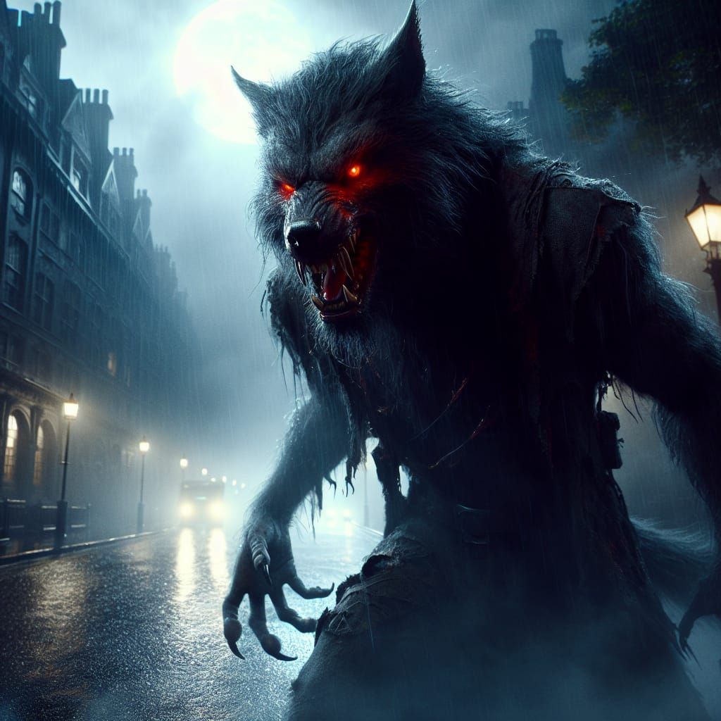 Hyperrealistic Werewolf in Foggy London Nightscape