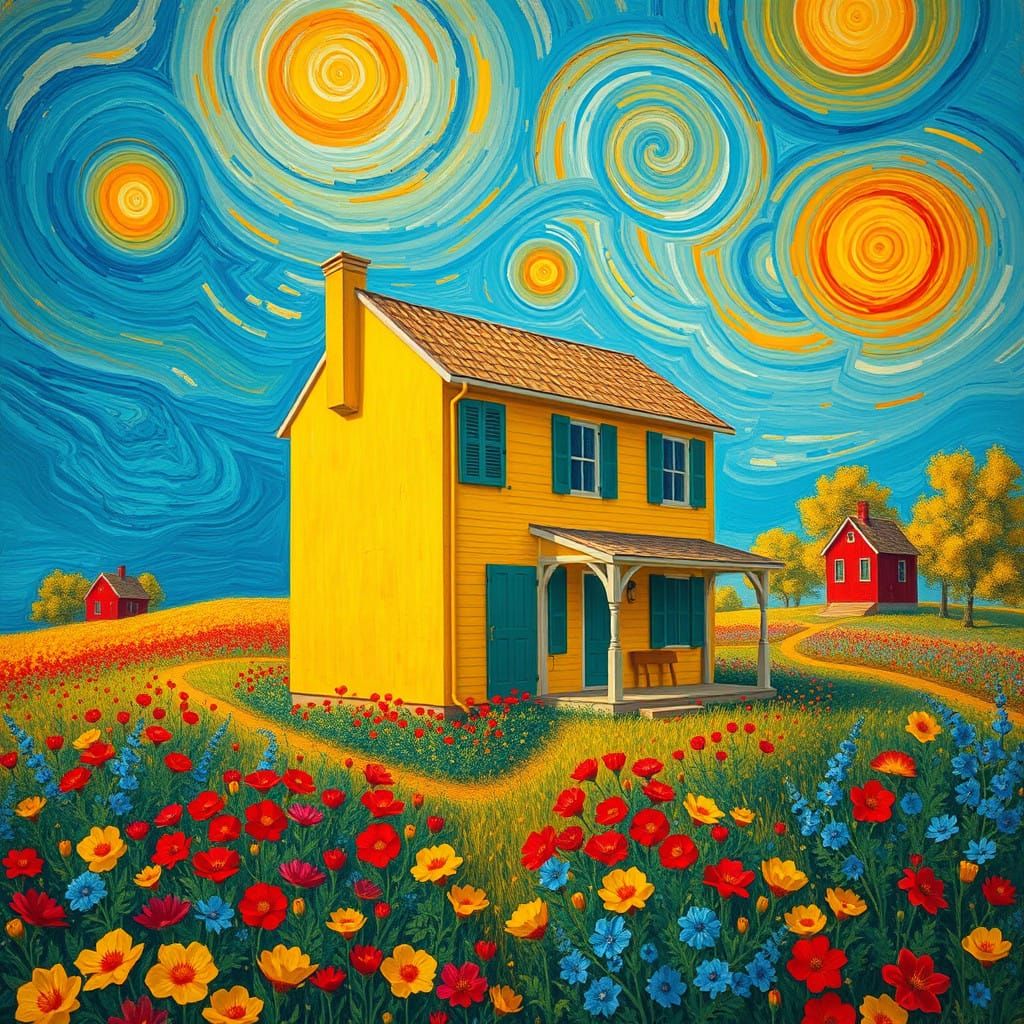 Surrealist Post-Impressionist Village with Vibrant Garden an...