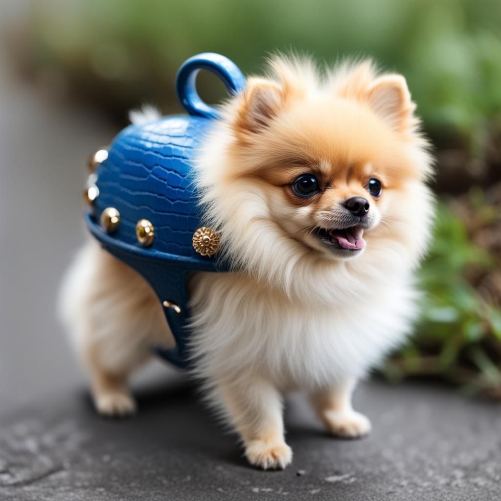 Pomeranian and a Decorated Blue Croc
