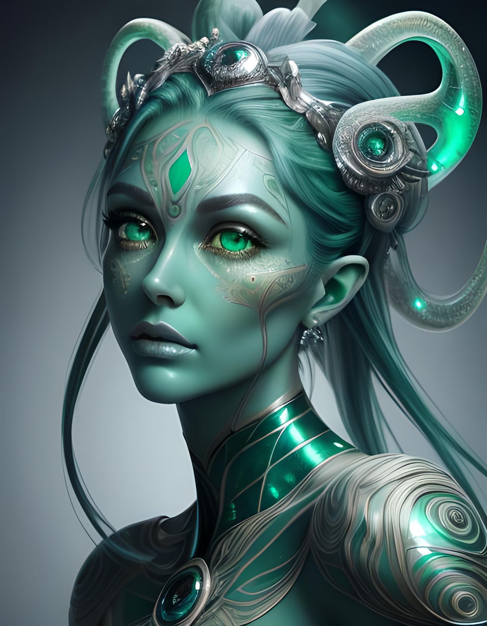 Portrait, (Female Alien:1.2), (The most beautiful face in the history of the universe:1.2), (emerald eyes:1.6), (Translu...