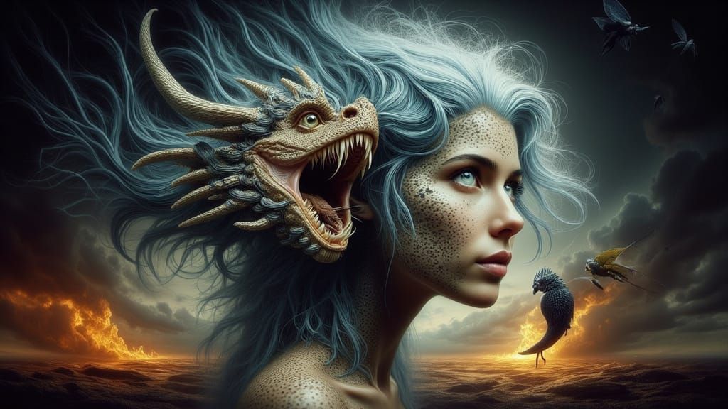 Woman Seeks Sleeping Dragon in Surreal Digital Art Landscape