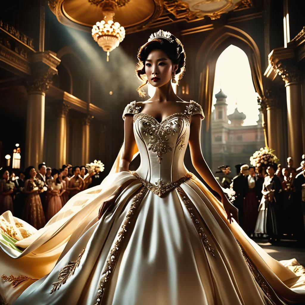 Cinematic Wedding Dress Portrait with Golden Lighting