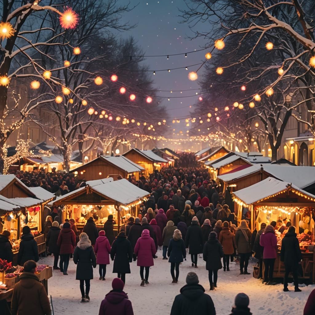 Festive Christmas Market Scene with Fireworks Display