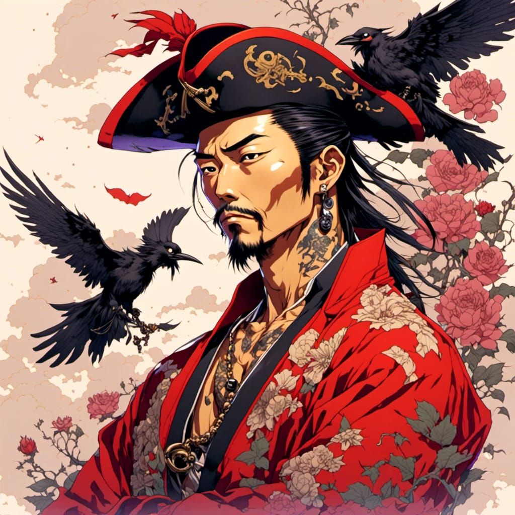 Tattooed Asian Pirate with Crows