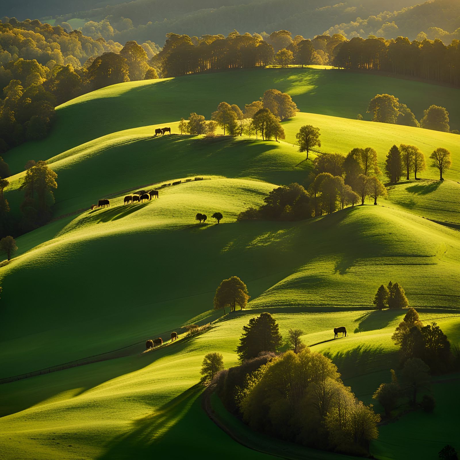 Golden Hour Pastures with Grazing Cattle