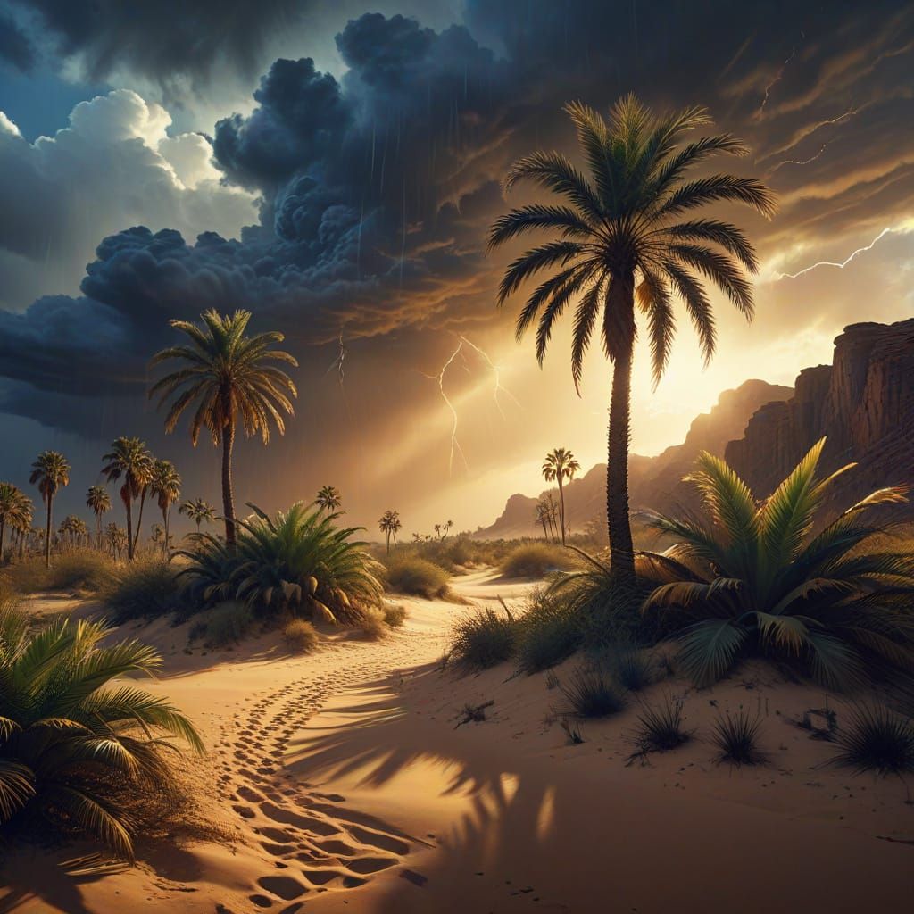 Enchanted Desert Oasis Under Stormy Skies in Digital Art