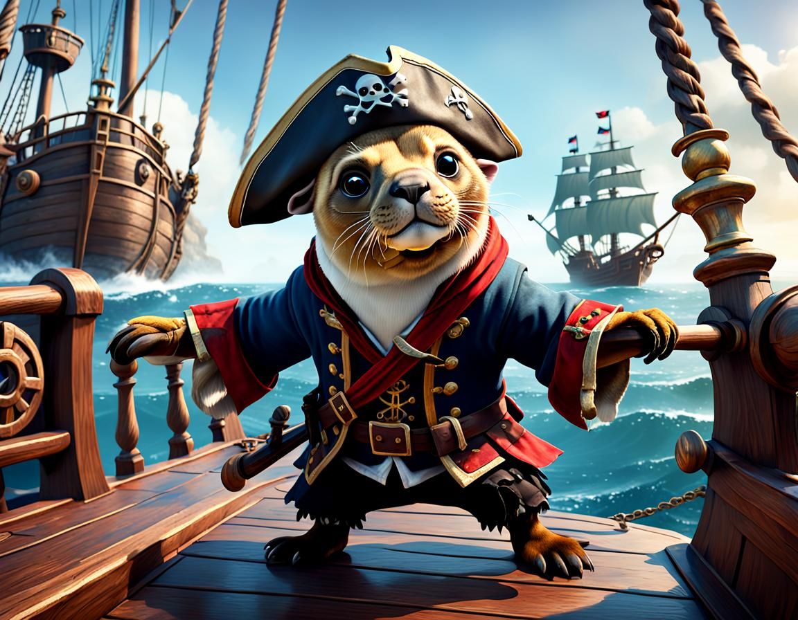 Sea Lion Pirate on Ship: Detailed Digital Art