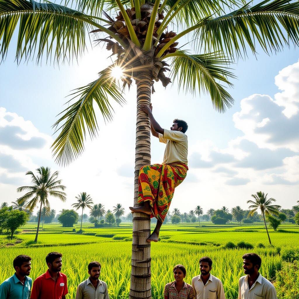 Man Climbs Date Palm in Bangladeshi Village