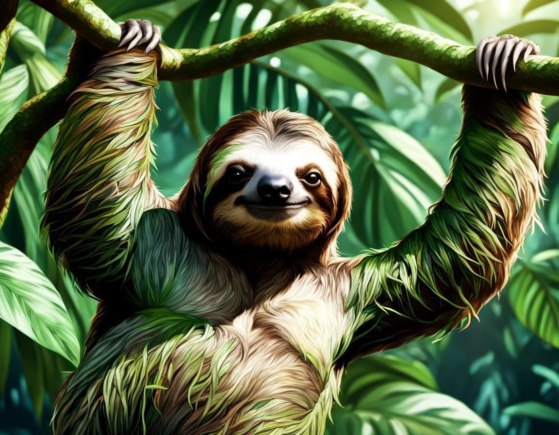 Sloth in Lush Rainforest, Detailed Digital Art
