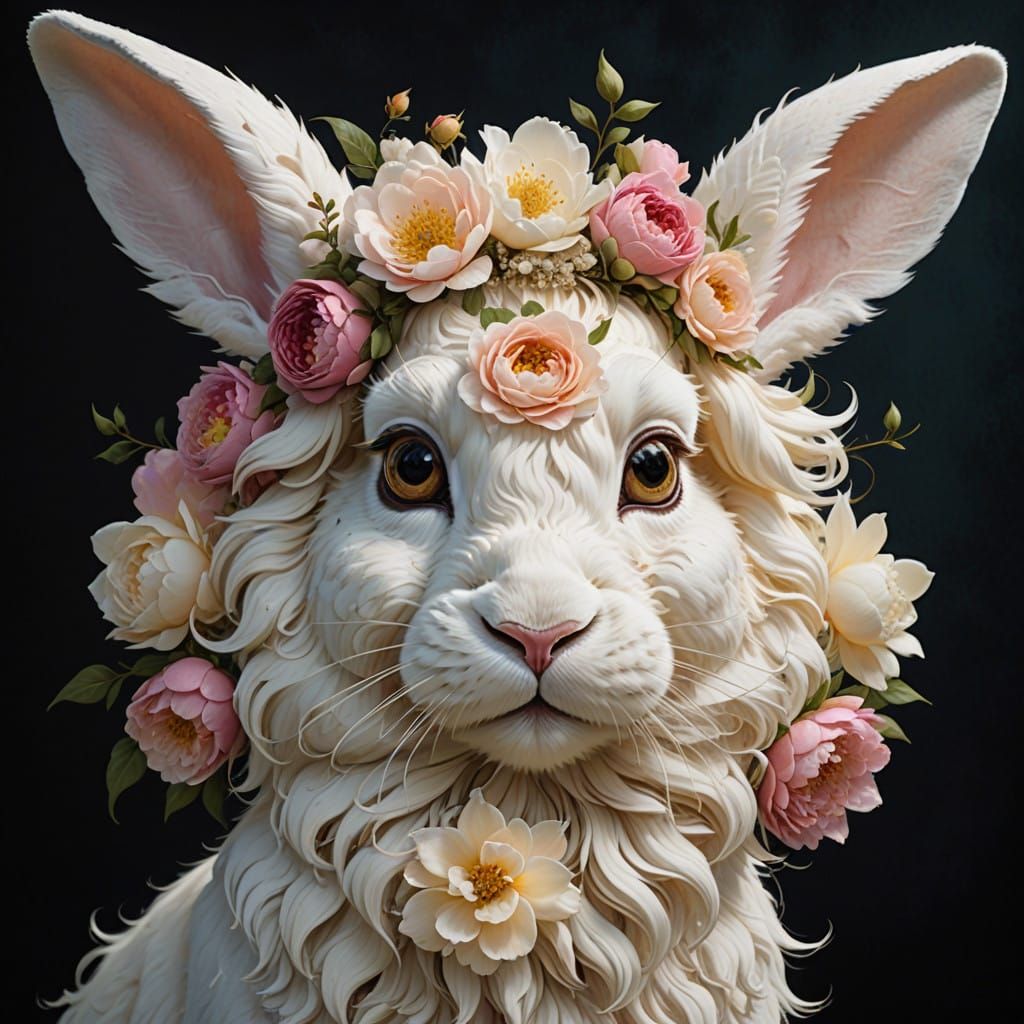 Whimsical White Bunny in Enchanted Floral Wonderland