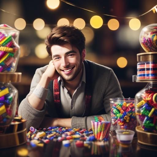 Welsh Man Surrounded by Candy in Vibrant Colorful Setting