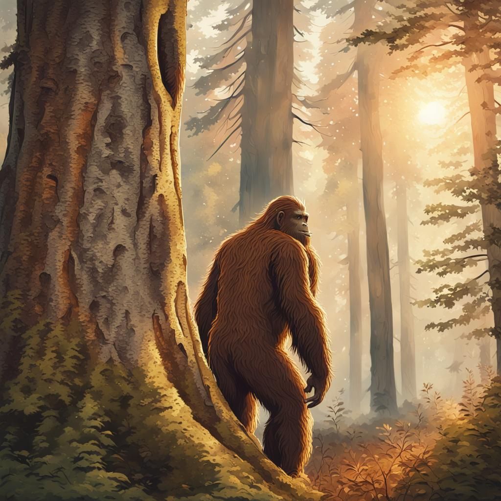 A shy but friendly Sasquatch peers from behind a tree trunk