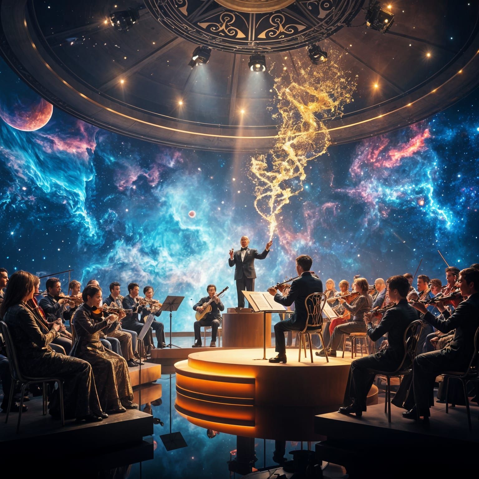 Symphony Orchestra Performs in Futuristic Space Concert Hall