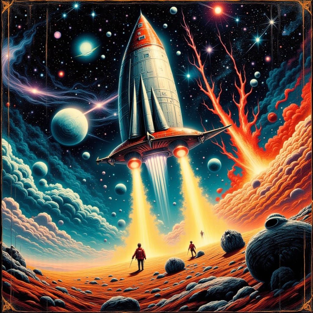 Vintage Sci-Fi Rocket Blasts Off Into Nebula