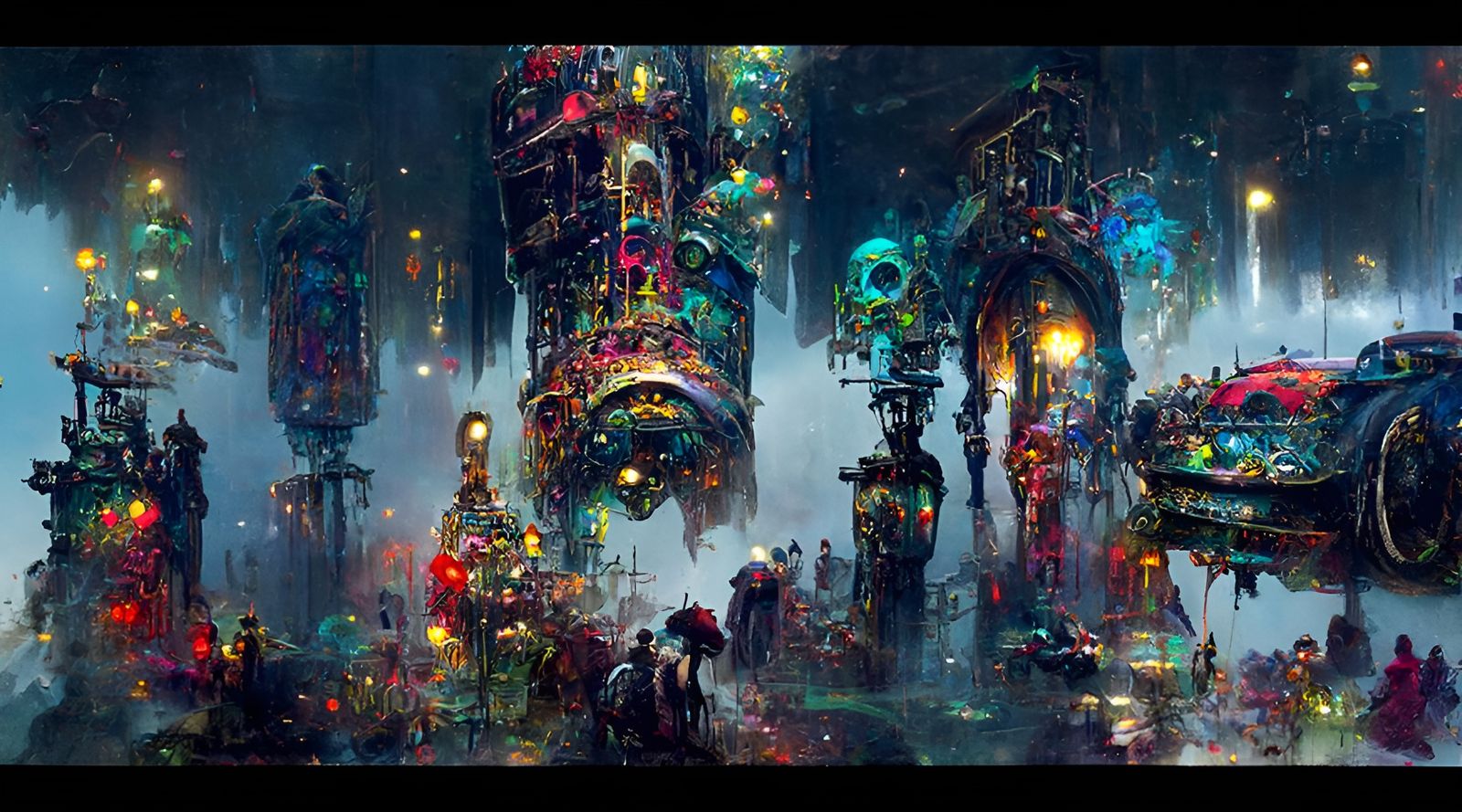 Cyberpunk Cityscape Built from Car Parts and Graffiti