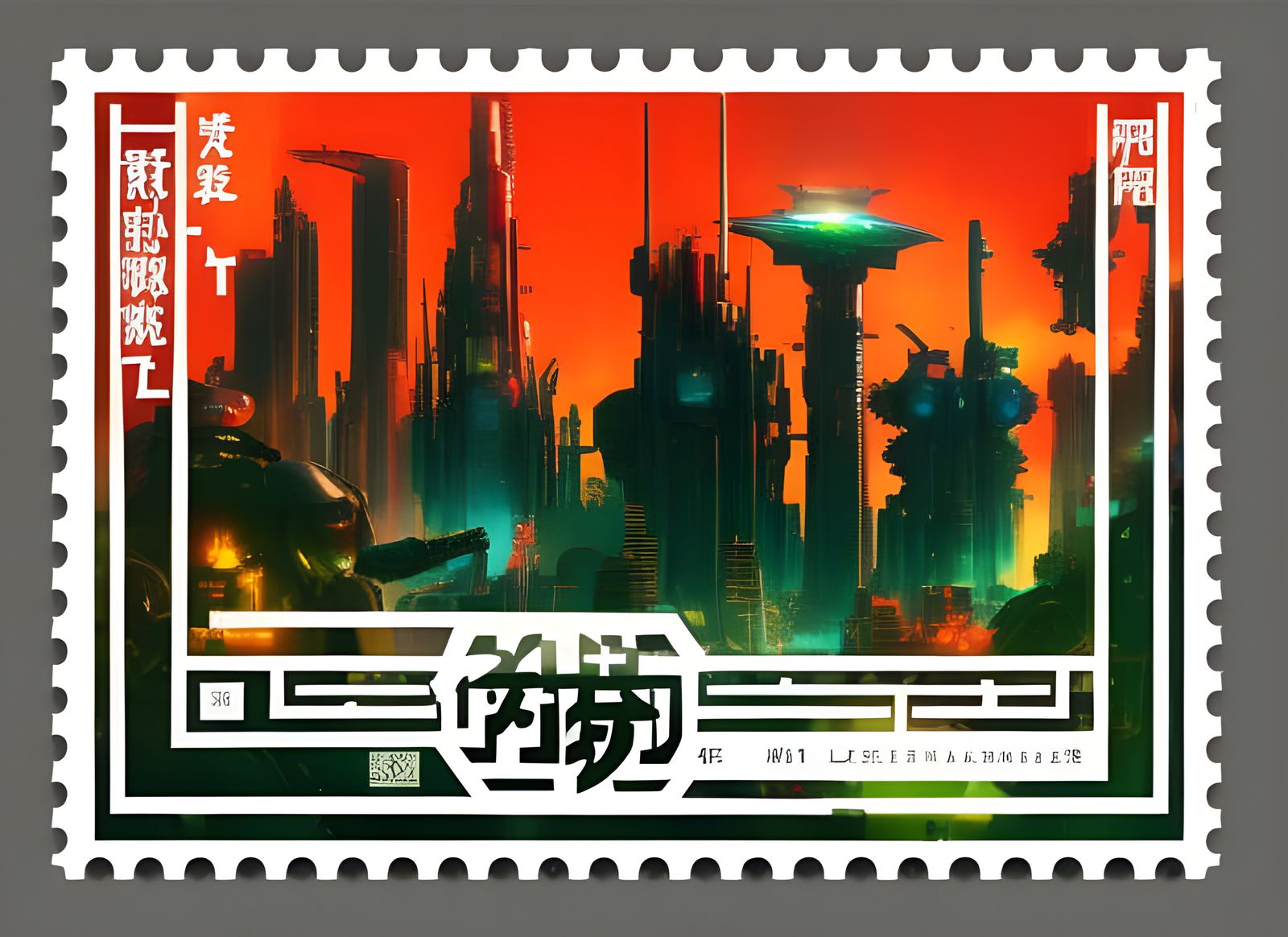 Cyberpunk Mech Postage Stamp in Neo-Tokyo Style