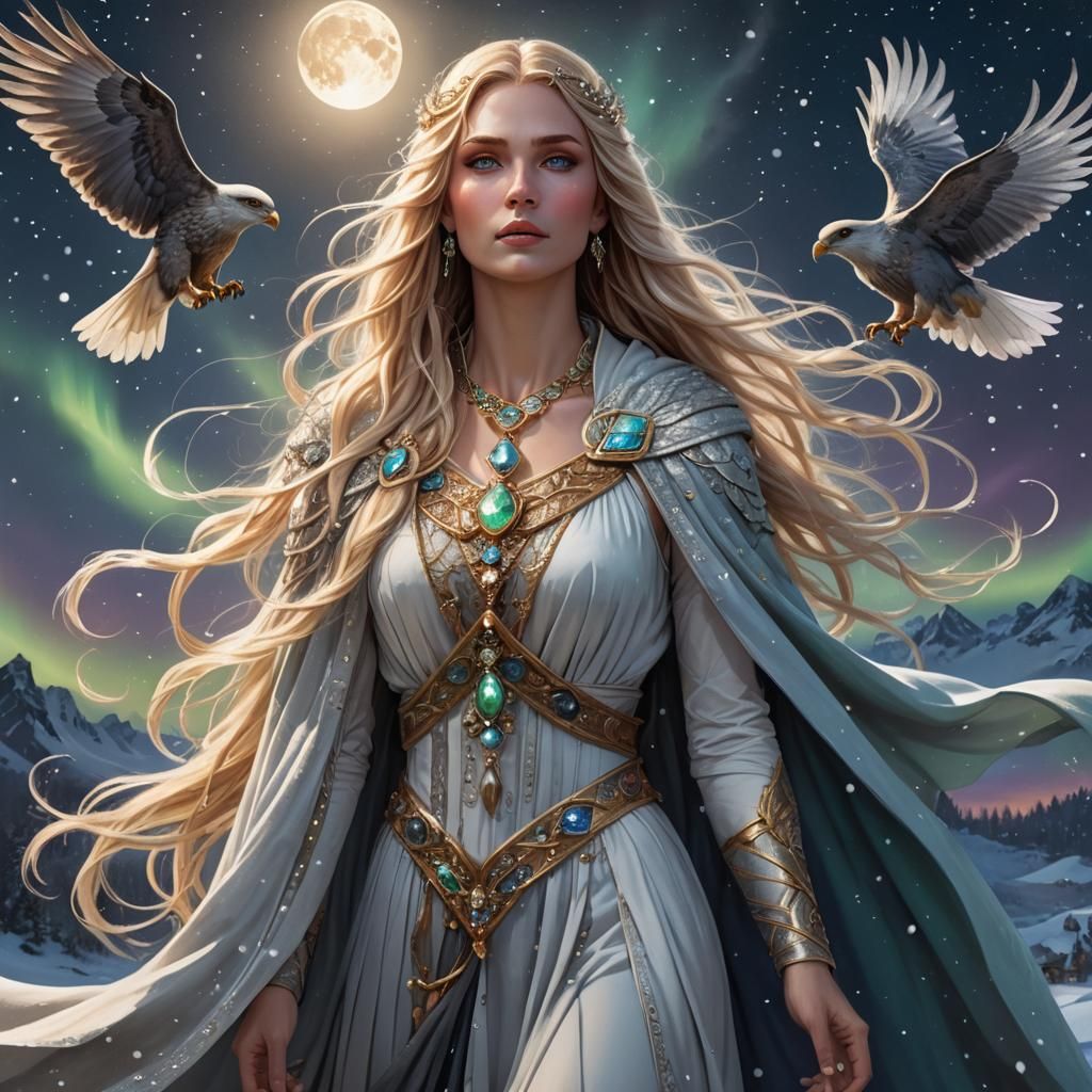 Goddess with Falcon in Aurora Borealis Night Sky