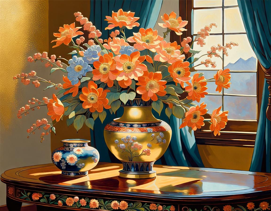 Golden Cloisonne Flowers in Precisionist Ukiyo-e Style