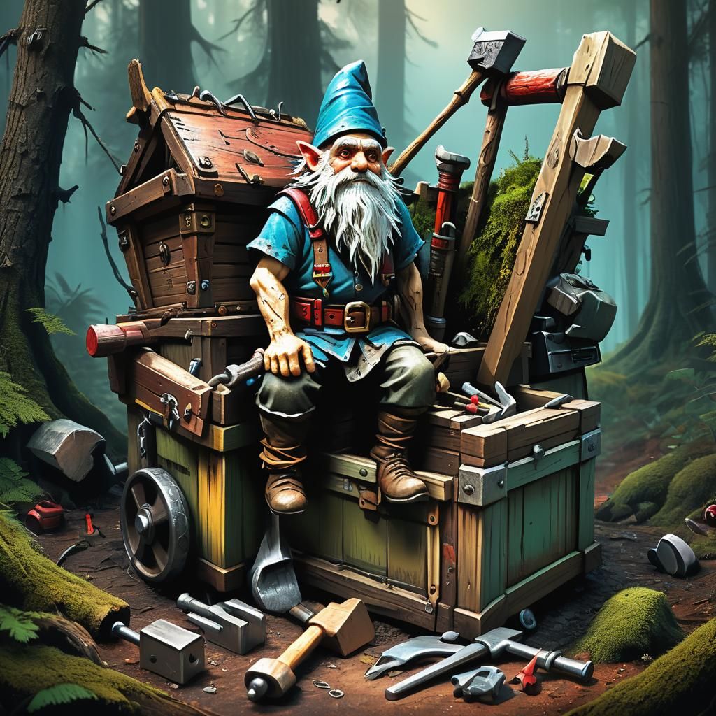 Gnome on Ornate Tool Chest in Forest