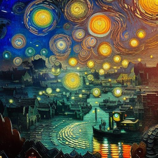 Steampunk Starry Night and Waterfall Yin Yang