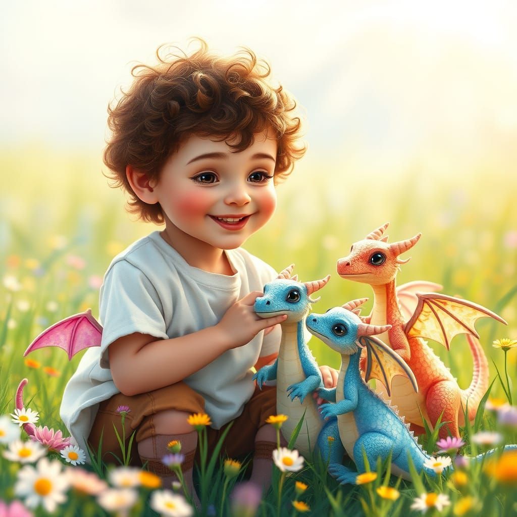Whimsical Boy Interacts with Pastel Dragons in a Lush Meadow