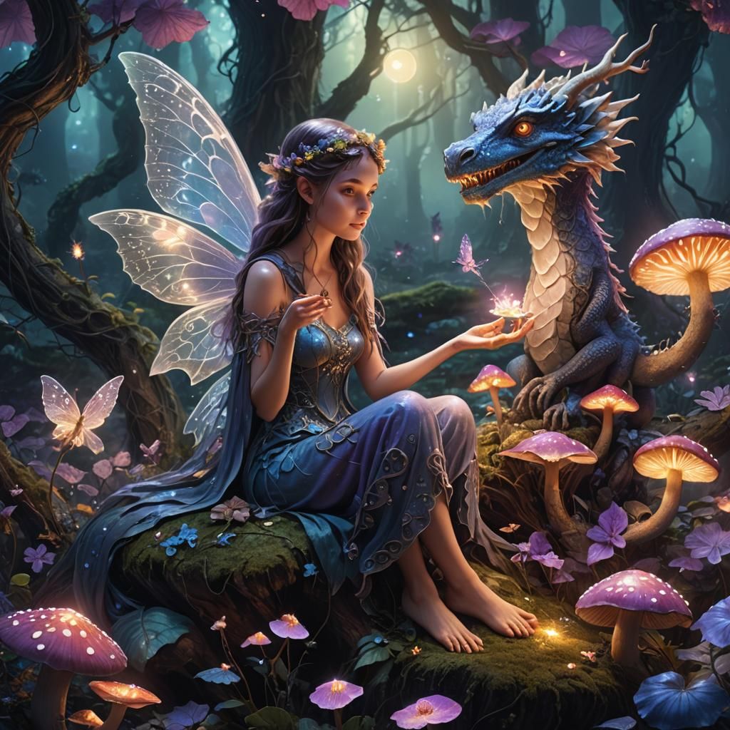Fairy and Dragon in Enchanted Forest