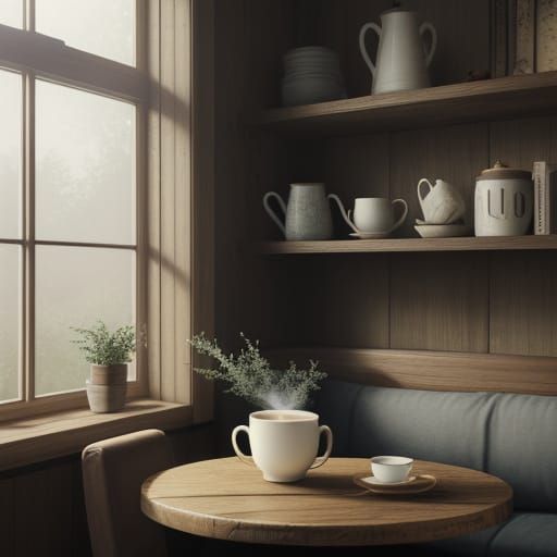 Cozy Coffee Shop Interior With Bookshelves and Warm Lighting