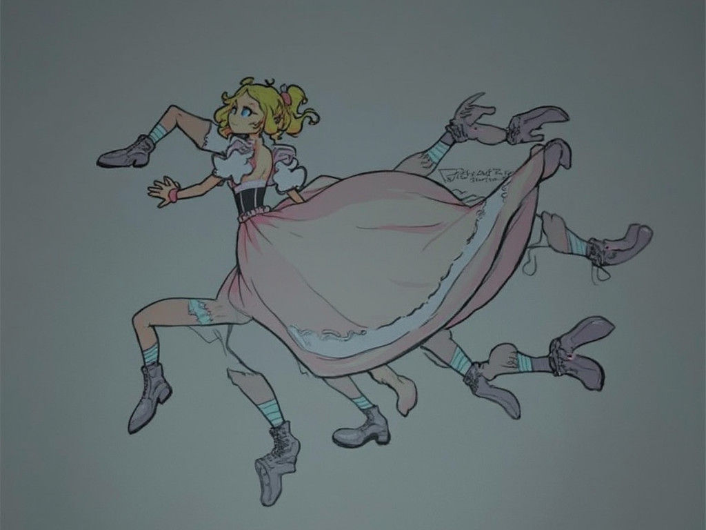 Cartoon Woman Parachuting in Princess Dress, Anime Style