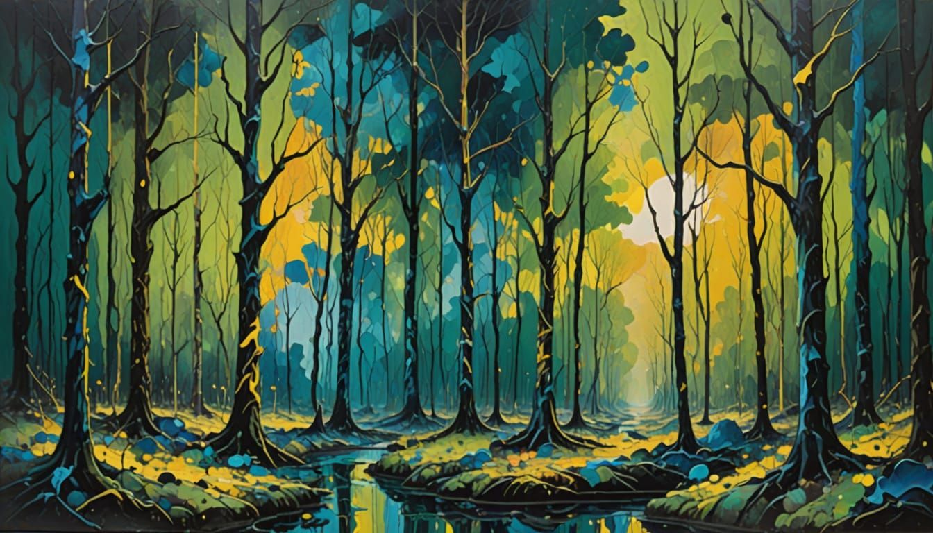 Surreal Oil Painting of Barren Forest in Dark and Light