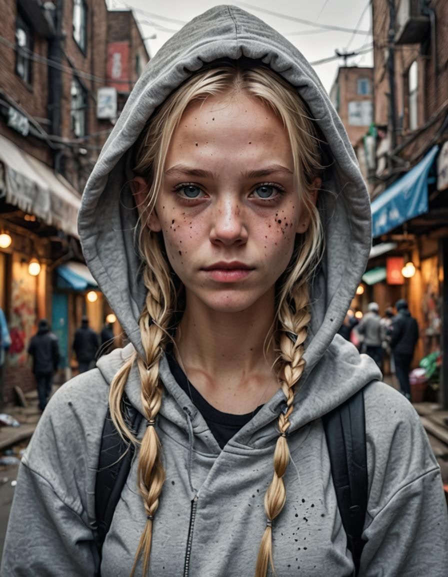 Detailed Portrait of Blonde Woman in Slum Alley