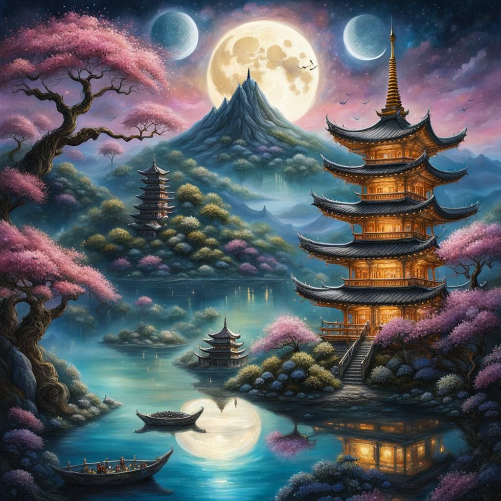 Lotus Moon Eclipse Over Mystical Pagoda