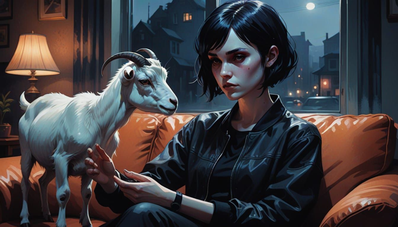 Goth Girl Summons Ghost Goat as Watercolor Illustration
