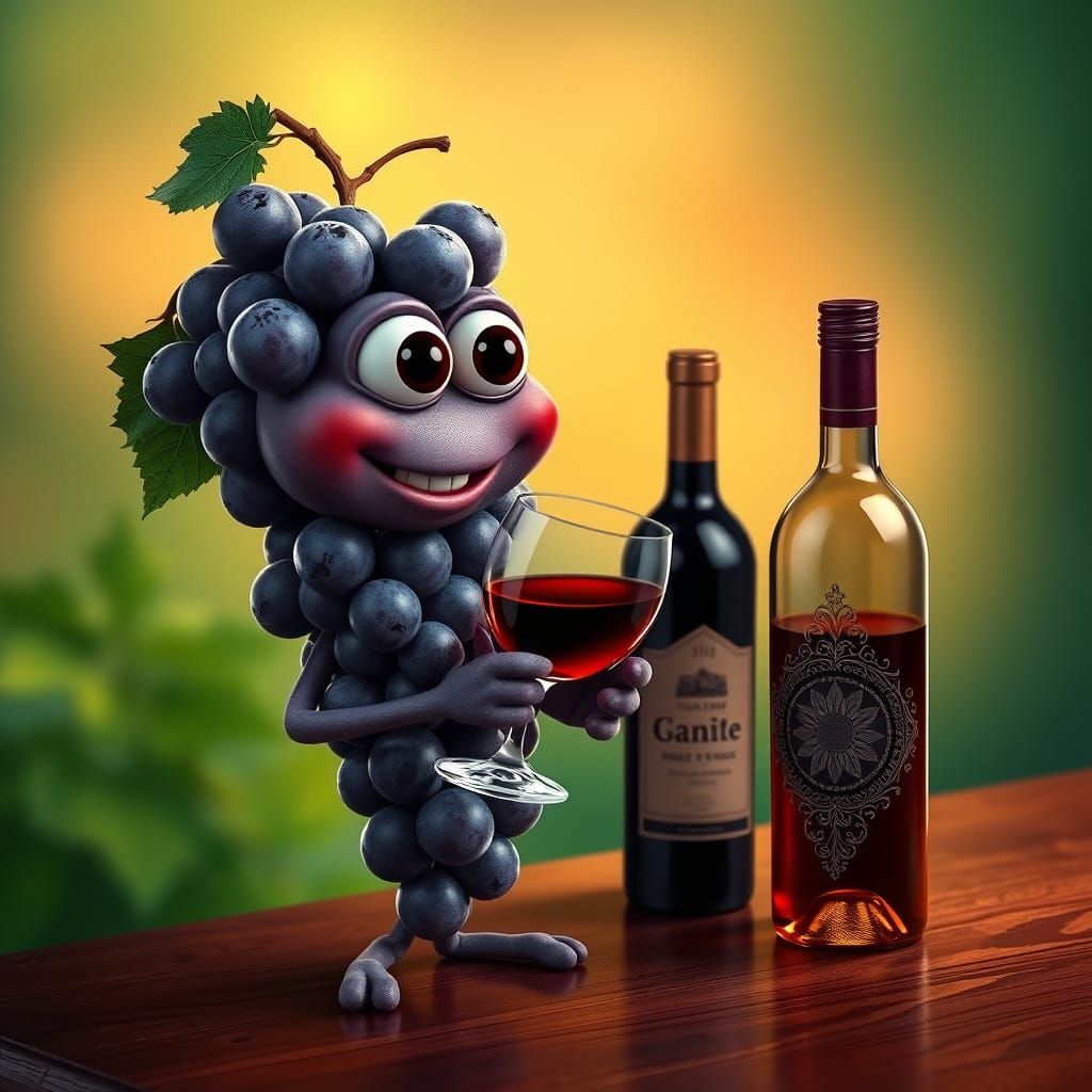 Grapes in Elegant Attire Savor Wine and Admire the Bottle