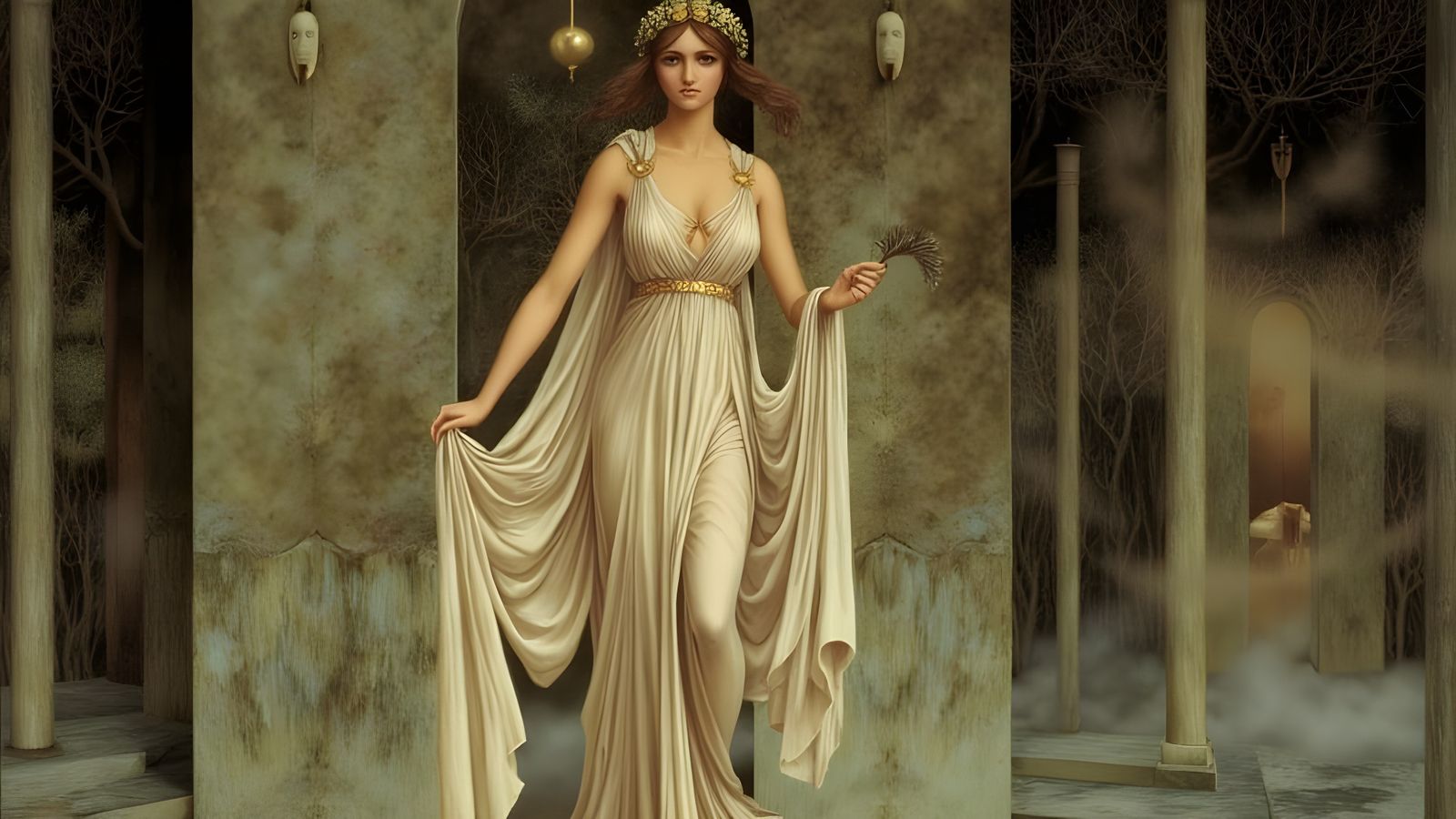 Surreal Greek Priestess Emerges into Dreamlike Hellenistic C...