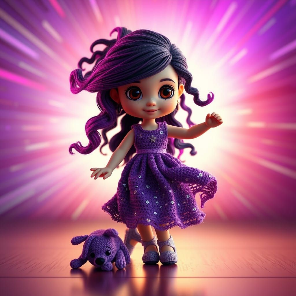 Vibrant 3D Crochet Girl in Whimsical Disco Wonderland