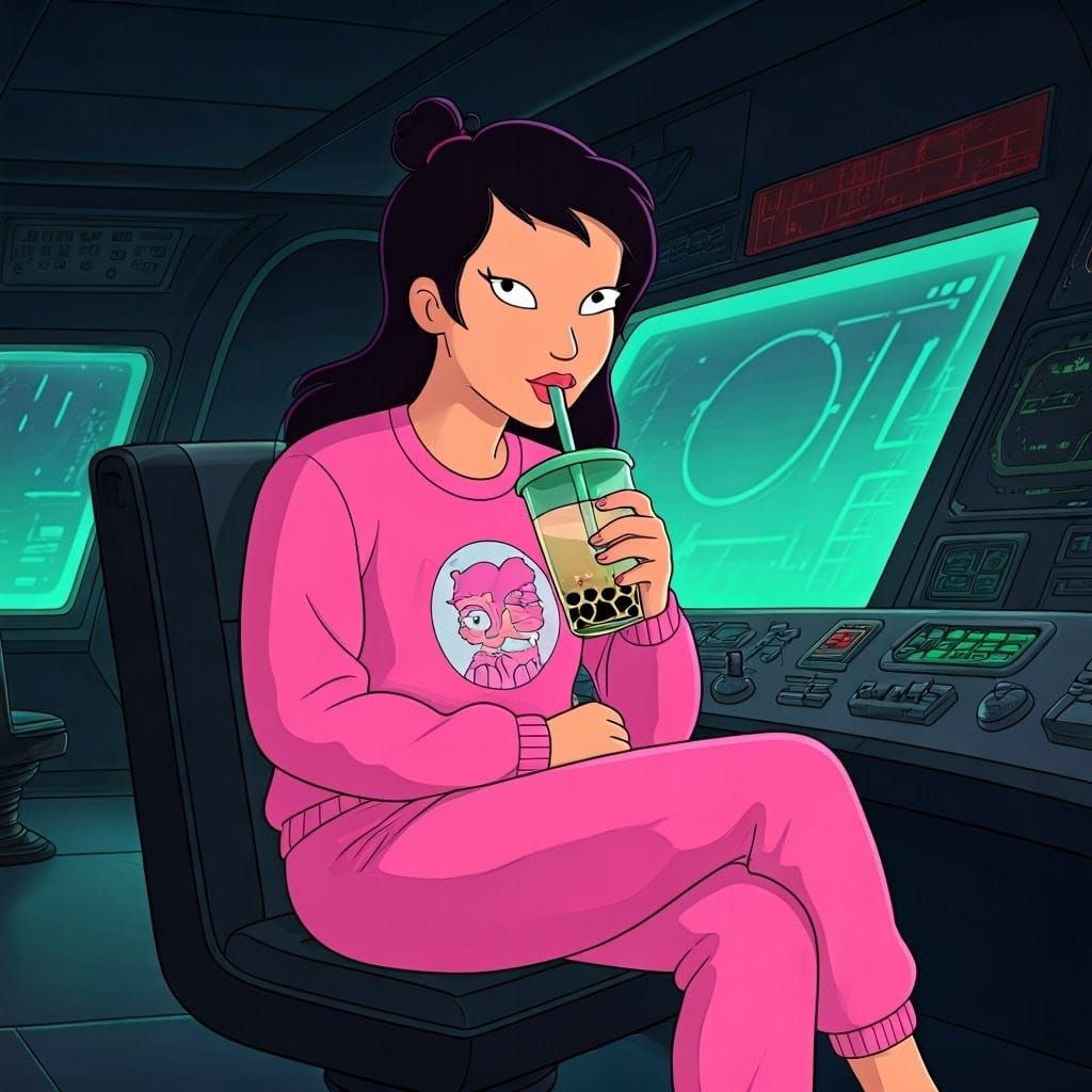 Amy Wong Sipping Bubble Tea on Planet Express
