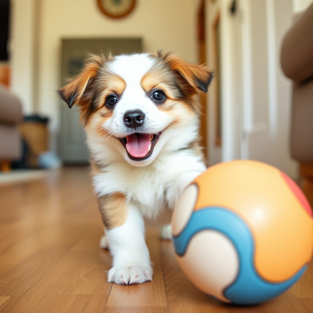 Happy Puppy Playing Ball Indoors