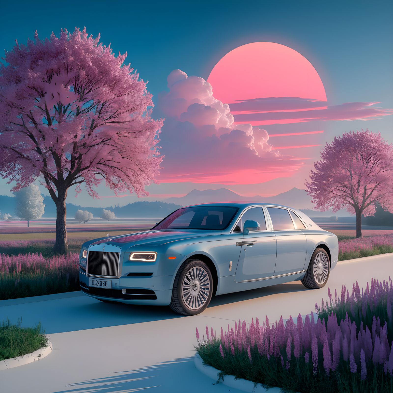 Luxurious Car at Sunrise in Watercolor Style