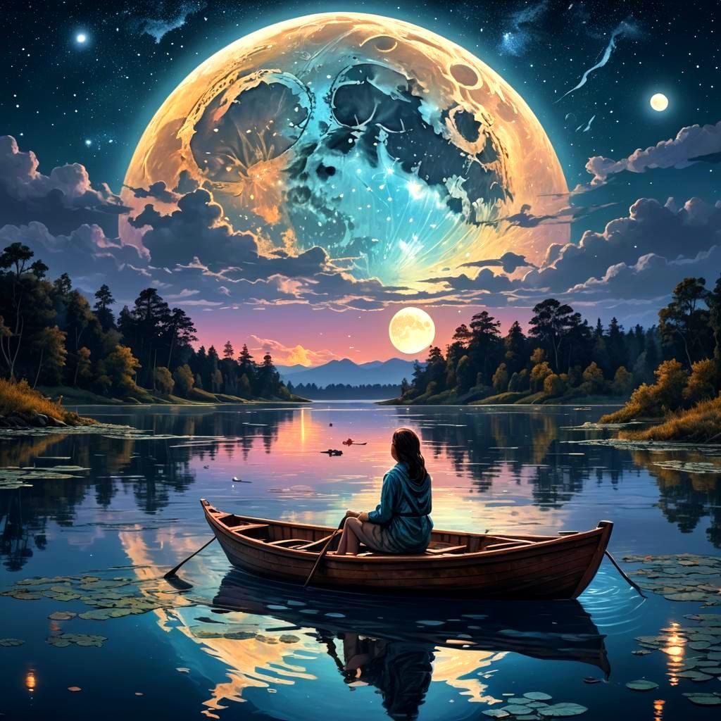 Woman in Boat Under Moonlight: Cosmic Illustration