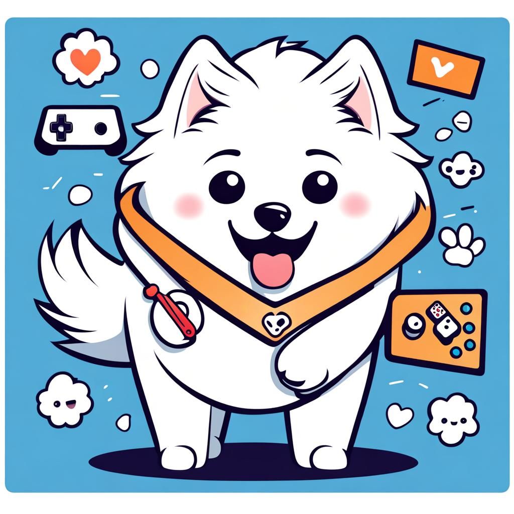 Cute Gamer Samoyed Dog with Blank Sign, Chibi Style