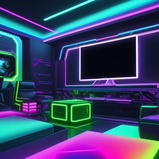 Futuristic Gamer in Neon Cyberpunk Gaming Room