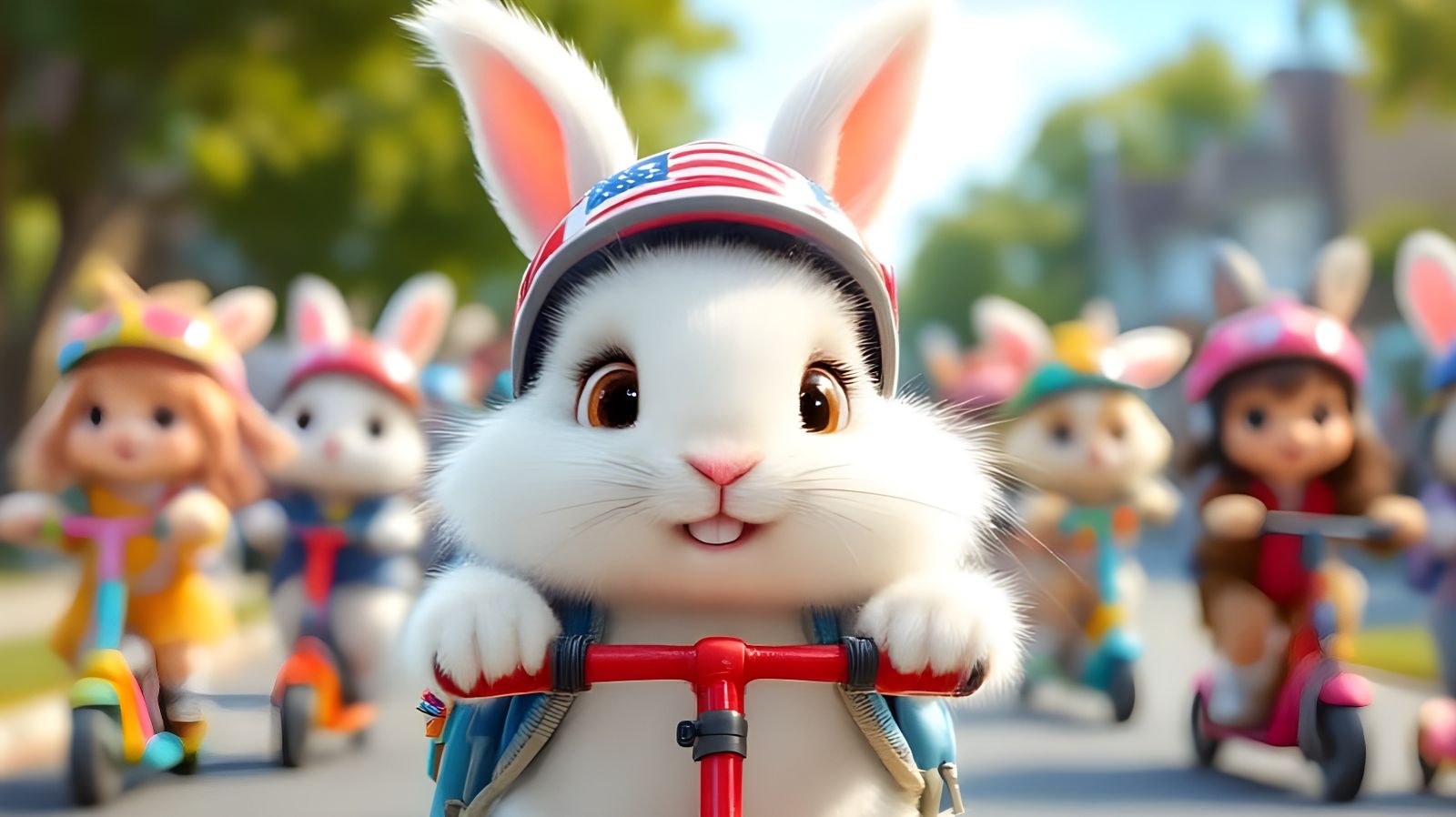 Fluffy White Rabbit Zooms to Bunny School on a Bright Red Sc...