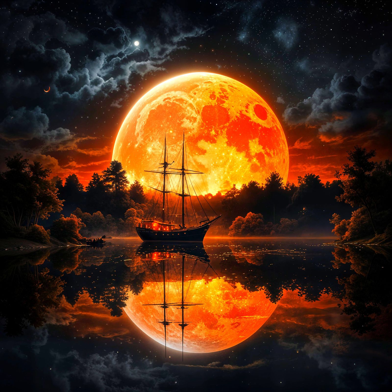 Enigmatic Night Landscape with Glowing Moon and Ship