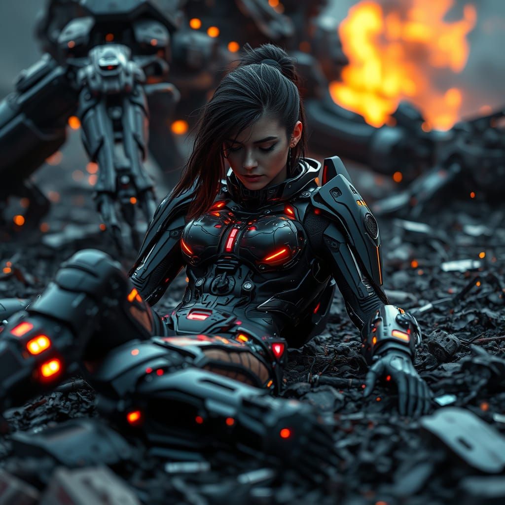 Defeated Cyberpunk Warrior on a Ravaged Battlefield